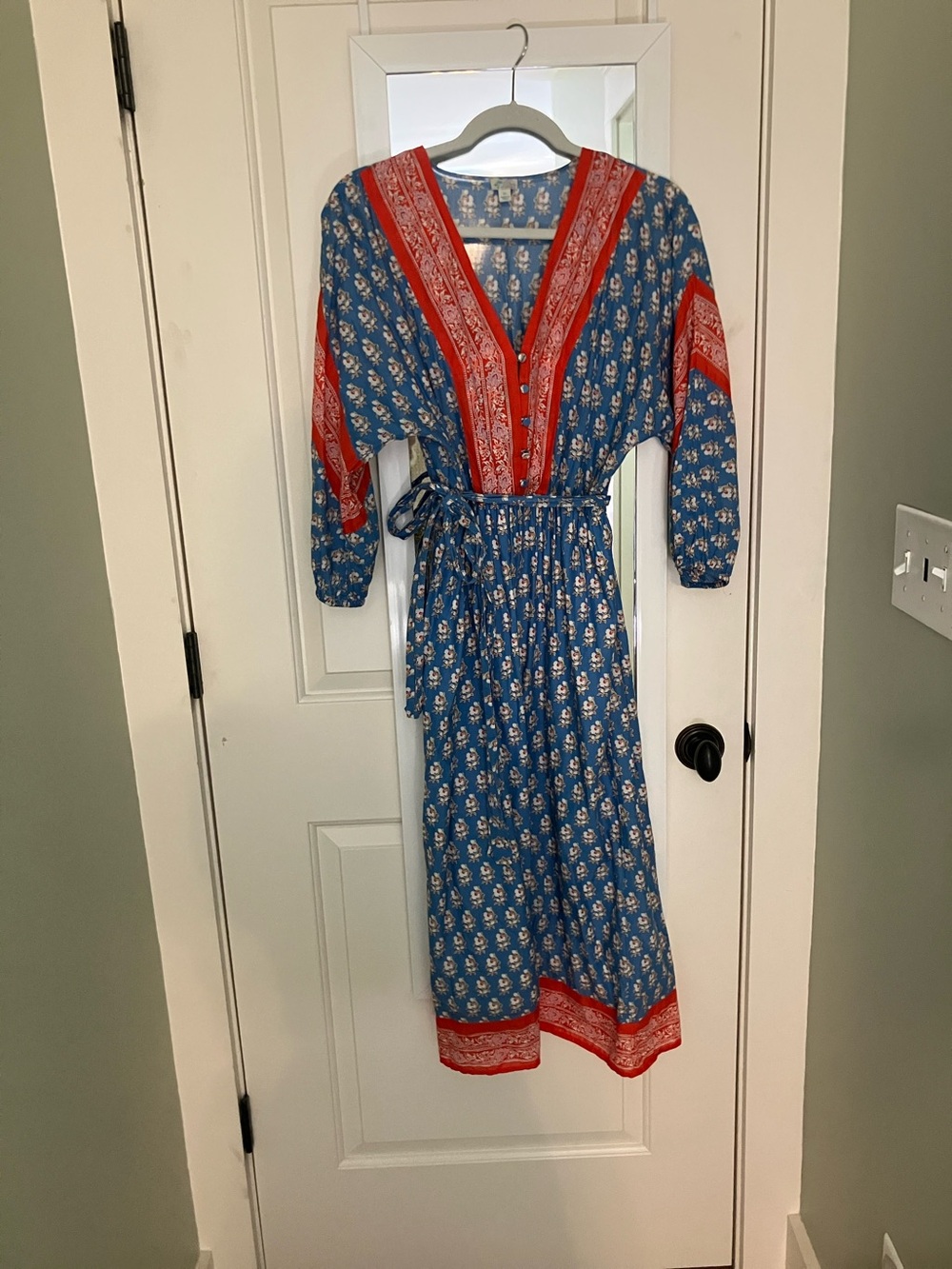 J. Crew Blue Floral Midi Dress with Red Trim and Waist Tie